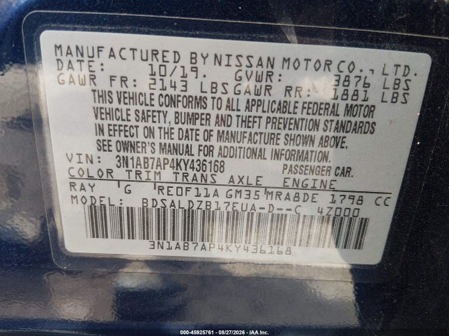 Продаж на аукціоні авто 2019 Nissan Sentra Sv, vin: 3N1AB7AP4KY436168, номер лоту: 45925761
