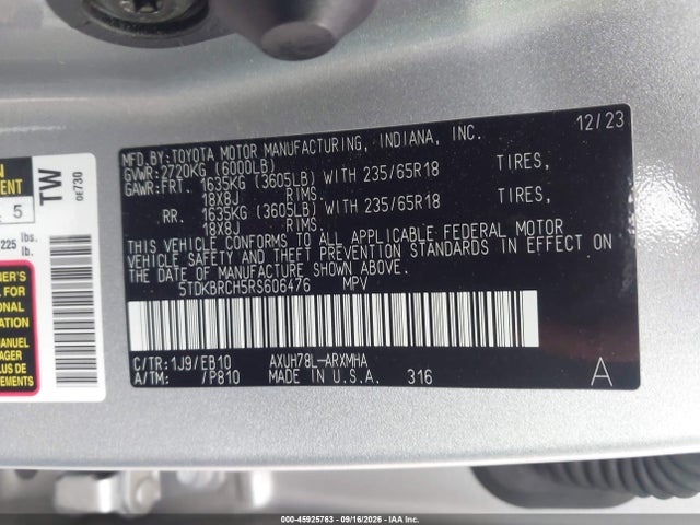 Aukcja sprzedaży 2024 Toyota Highlander Hybrid Xle, vin: 5TDKBRCH5RS606476, numer aukcji: 45925763