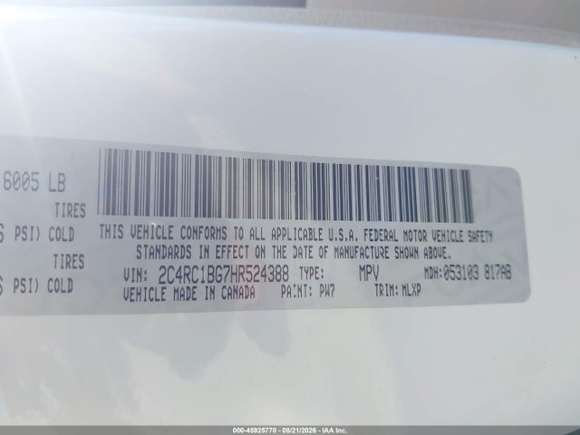 Aukcja sprzedaży 2017 Chrysler Pacifica Touring-l, vin: 2C4RC1BG7HR524388, numer aukcji: 45925770