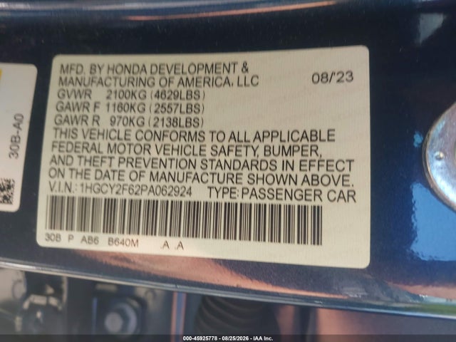 Aukcja sprzedaży 2023 Honda Accord Hybrid Ex-l, vin: 1HGCY2F62PA062924, numer aukcji: 45925778