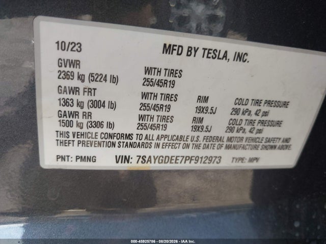 Продажа на аукционе авто 2023 Tesla Model Y Awd/long Range Dual Motor All-wheel Drive, vin: 7SAYGDEE7PF912973, номер лота: 45925786