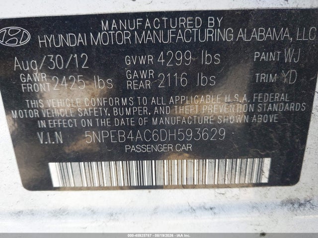 45925787 :رقم المزاد ، 5NPEB4AC6DH593629 vin ، 2013 Hyundai Sonata Gls مزاد بيع