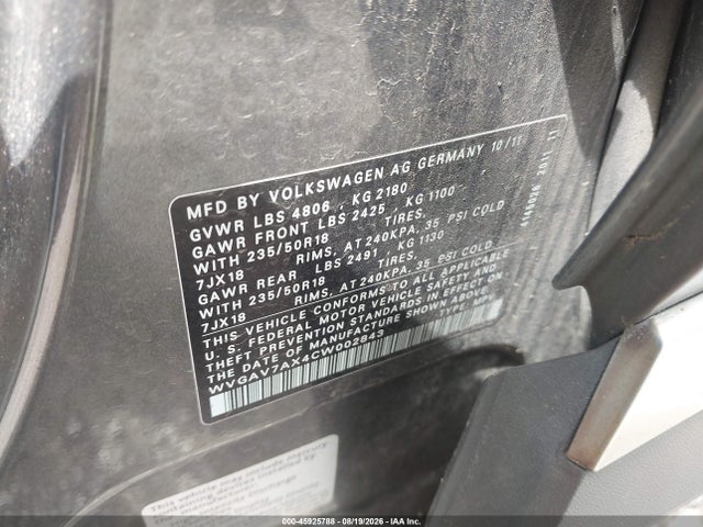 2012 Volkswagen Tiguan Se მანქანა იყიდება აუქციონზე, vin: WVGAV7AX4CW002843, აუქციონის ნომერი: 45925788