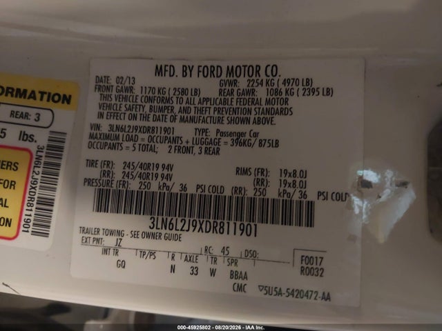 Auction sale of the 2013 Lincoln Mkz, vin: 3LN6L2J9XDR811901, lot number: 45925802