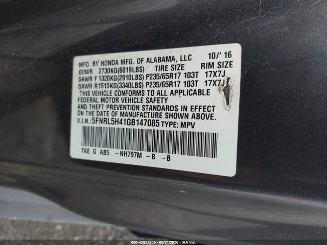 45925805 :رقم المزاد ، 5FNRL5H41GB147085 vin ، 2016 Honda Odyssey Ex مزاد بيع