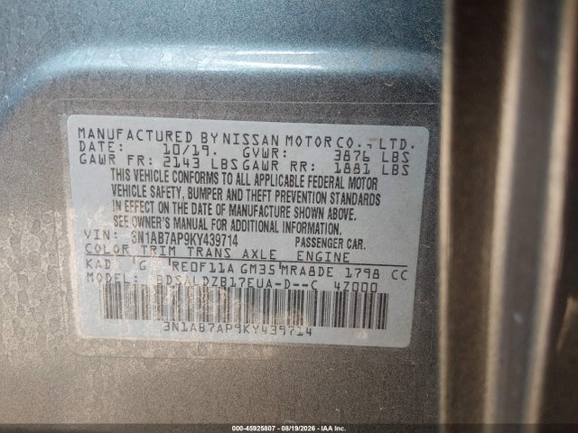 Nissan SENTRA SV 2019 3N1AB7AP9KY439714 Image 9