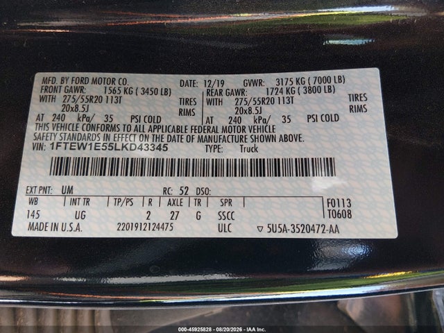 Продажа на аукционе авто 2020 Ford F-150 Xlt, vin: 1FTEW1E55LKD43345, номер лота: 45925828