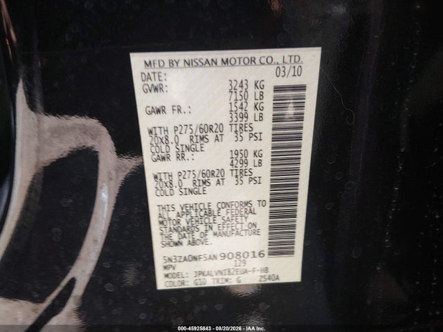 Aukcja sprzedaży 2010 Infiniti Qx56, vin: 5N3ZA0NF5AN908016, numer aukcji: 45925843