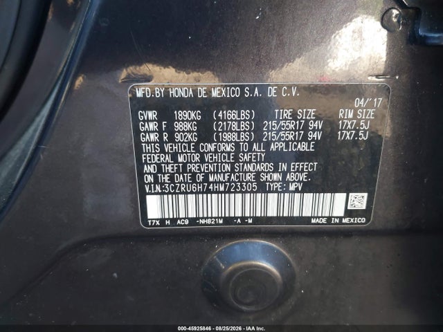 45925846 :رقم المزاد ، 3CZRU6H74HM723305 vin ، 2017 Honda Hr-v Ex-l مزاد بيع