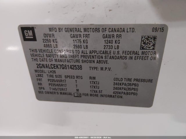 Chevrolet EQUINOX LT 2016 2GNALCEK7G6142538 Image 9