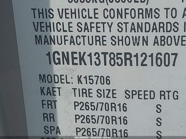 45925858 :رقم المزاد ، 1GNEK13T85R121607 vin ، 2005 Chevrolet Tahoe Ls مزاد بيع