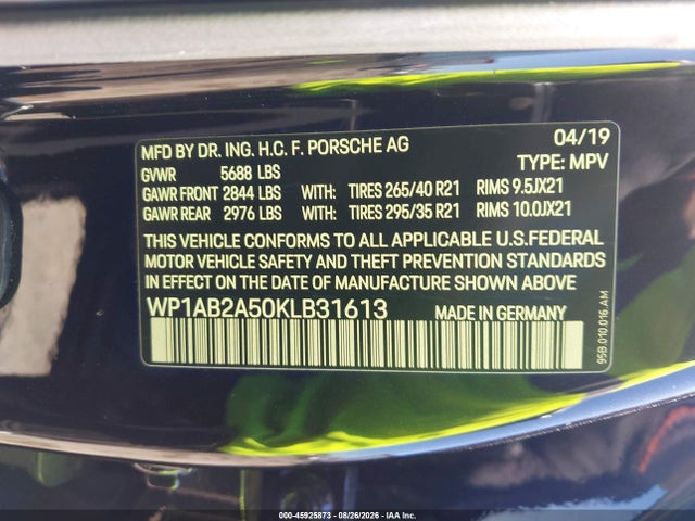 2019 Porsche Macan S მანქანა იყიდება აუქციონზე, vin: WP1AB2A50KLB31613, აუქციონის ნომერი: 45925873