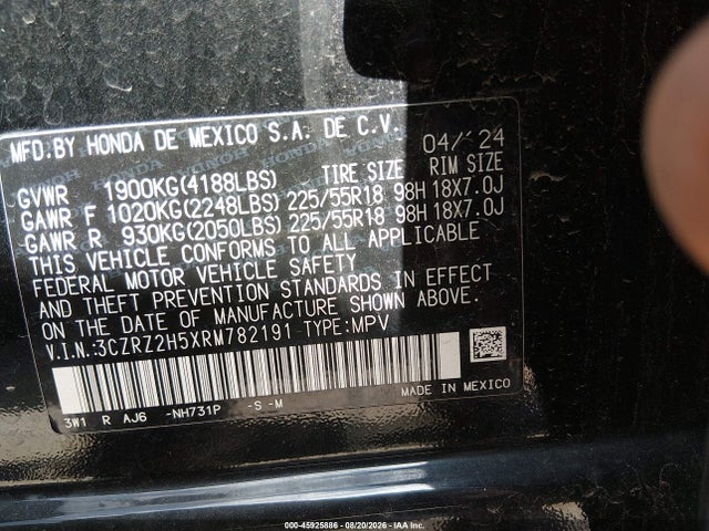 Aukcja sprzedaży 2024 Honda Hr-v Awd Sport/awd Sport W/o Bsi, vin: 3CZRZ2H5XRM782191, numer aukcji: 45925886