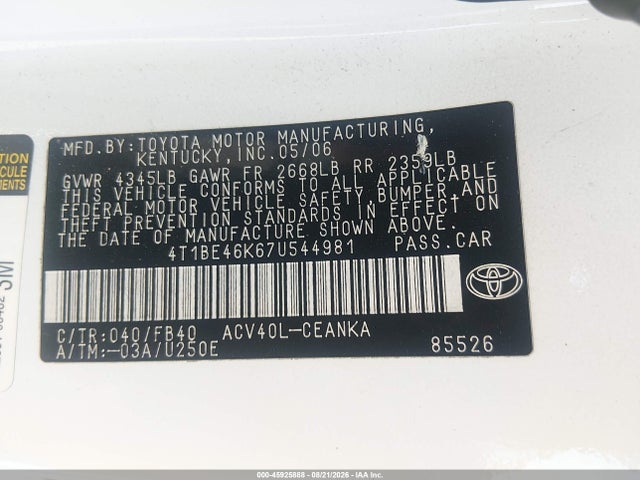 Продаж на аукціоні авто 2007 Toyota Camry Le, vin: 4T1BE46K67U544981, номер лоту: 45925888