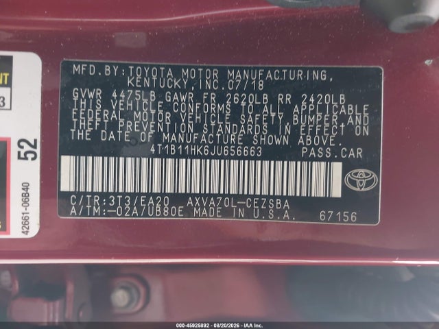 Aukcja sprzedaży 2018 Toyota Camry Se, vin: 4T1B11HK6JU656663, numer aukcji: 45925892