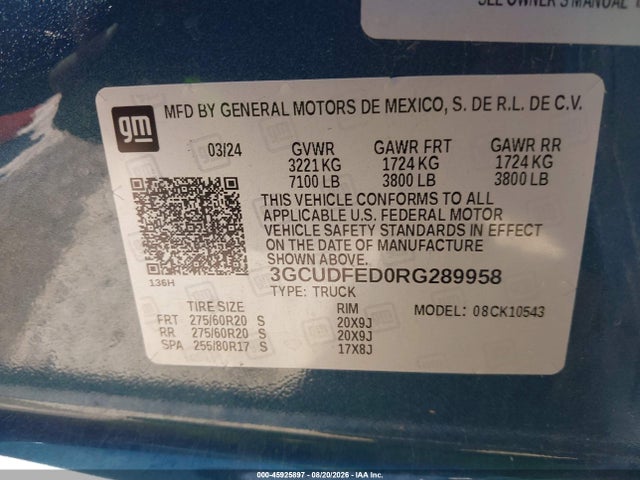 Продажа на аукционе авто 2024 Chevrolet Silverado 1500 4wd  Short Bed Lt Trail Boss, vin: 3GCUDFED0RG289958, номер лота: 45925897