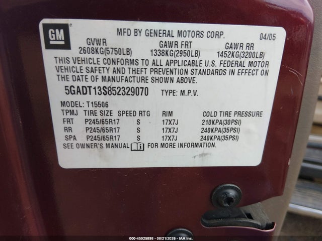 2005 Buick Rainier Cxl მანქანა იყიდება აუქციონზე, vin: 5GADT13S852329070, აუქციონის ნომერი: 45925898