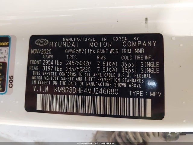 Продажа на аукционе авто 2021 Hyundai Palisade Sel, vin: KM8R3DHE4MU246680, номер лота: 45925904
