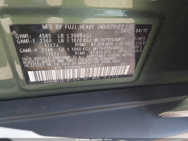 Aukcja sprzedaży 2012 Subaru Outback 2.5i Limited, vin: 4S4BRBKC0C3288392, numer aukcji: 45925909