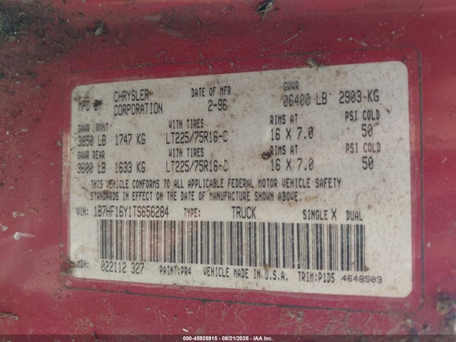 Продаж на аукціоні авто 1996 Dodge Ram 1500, vin: 1B7HF16Y1TS656284, номер лоту: 45925915