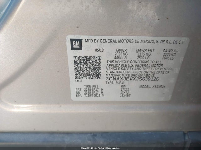 45925918 :رقم المزاد ، 3GNAXJEVXJS639126 vin ، 2018 Chevrolet Equinox Lt مزاد بيع
