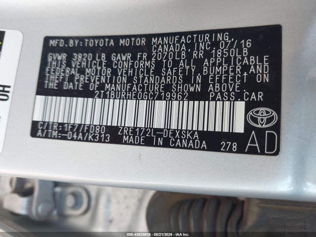 2016 Toyota Corolla S Plus მანქანა იყიდება აუქციონზე, vin: 2T1BURHE0GC719962, აუქციონის ნომერი: 45925939