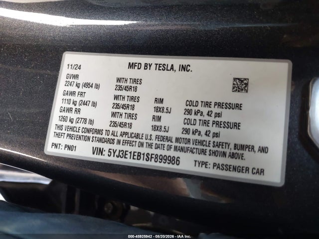 5YJ3E1EB1SF899986 Tesla Model 3 Long Range All-wheel Drive