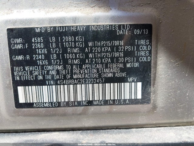Aukcja sprzedaży 2014 Subaru Outback 2.5i, vin: 4S4BRBAC2E3232457, numer aukcji: 45925949