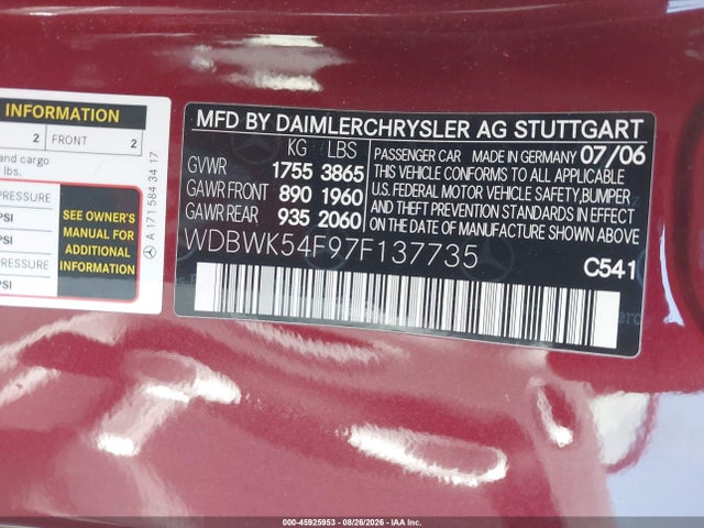 Aukcja sprzedaży 2007 Mercedes-benz Slk 280, vin: WDBWK54F97F137735, numer aukcji: 45925953