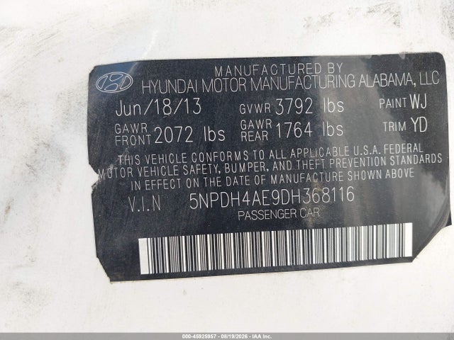 45925957 :رقم المزاد ، 5NPDH4AE9DH368116 vin ، 2013 Hyundai Elantra Gls مزاد بيع