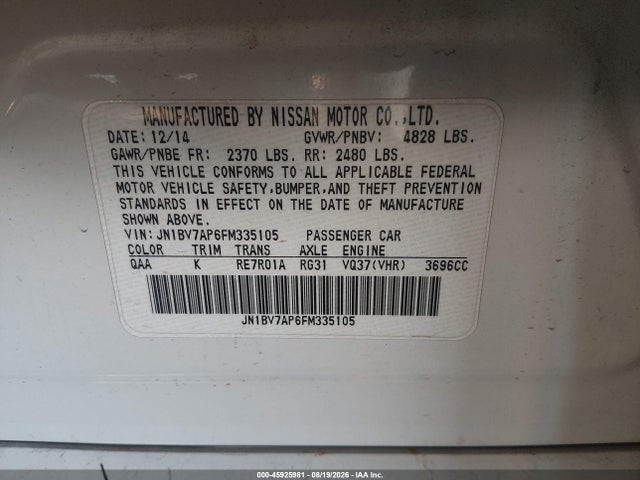 Продаж на аукціоні авто 2015 Infiniti Q50, vin: JN1BV7AP6FM335105, номер лоту: 45925981