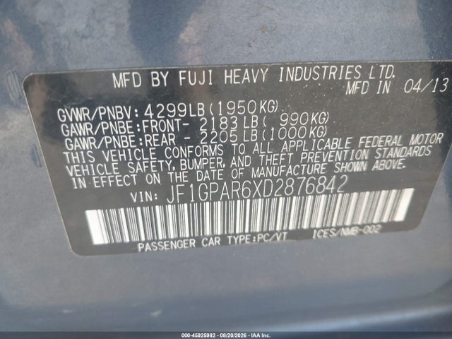 Продаж на аукціоні авто 2013 Subaru Impreza, vin: JF1GPAR6XD2876842, номер лоту: 45925982
