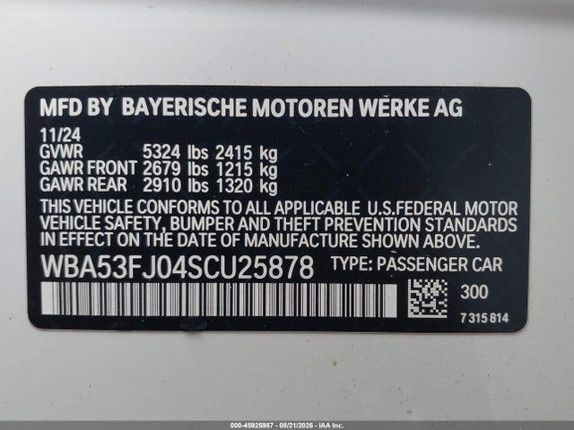 Aukcja sprzedaży 2025 Bmw 530i Xdrive, vin: WBA53FJ04SCU25878, numer aukcji: 45925987