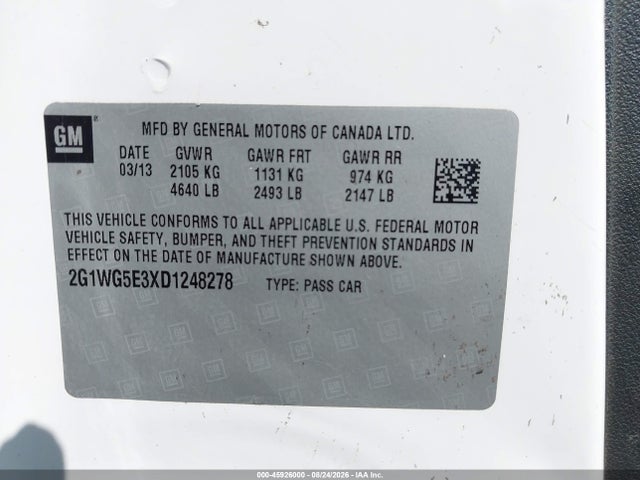 Продажа на аукционе авто 2013 Chevrolet Impala Lt, vin: 2G1WG5E3XD1248278, номер лота: 45926000