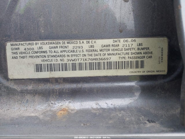 2006 Volkswagen Jetta Tdi მანქანა იყიდება აუქციონზე, vin: 3VWDT71K76M836697, აუქციონის ნომერი: 45926013
