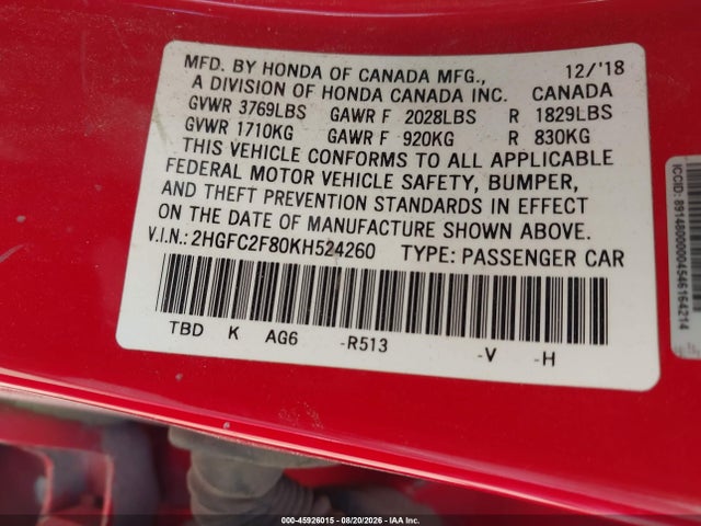 Продажа на аукционе авто 2019 Honda Civic Sport, vin: 2HGFC2F80KH524260, номер лота: 45926015