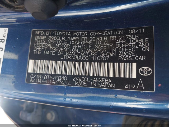 Aukcja sprzedaży 2011 Toyota Prius Three, vin: JTDKN3DU0B1410707, numer aukcji: 45926022