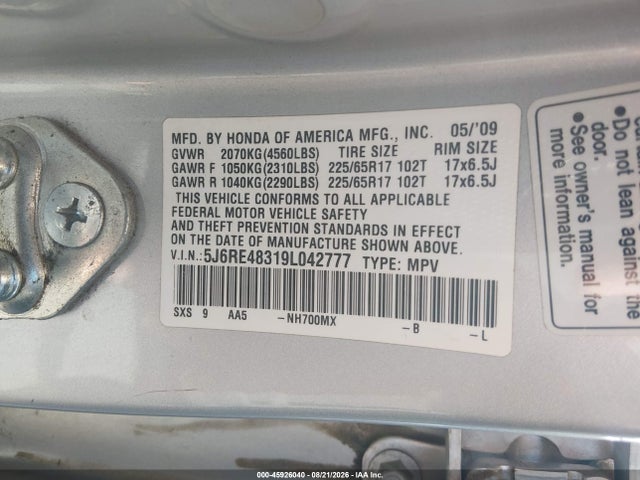 Aukcja sprzedaży 2009 Honda Cr-v Lx, vin: 5J6RE48319L042777, numer aukcji: 45926040