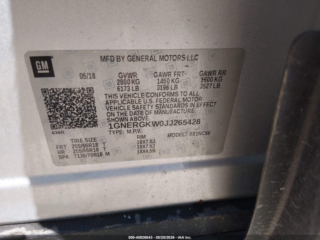 Продаж на аукціоні авто 2018 Chevrolet Traverse Lt Cloth, vin: 1GNERGKW0JJ265428, номер лоту: 45926043