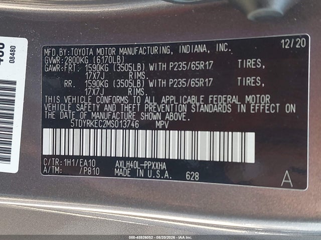 Toyota SIENNA XLE 2021 5TDYRKEC2MS013746 Image 9