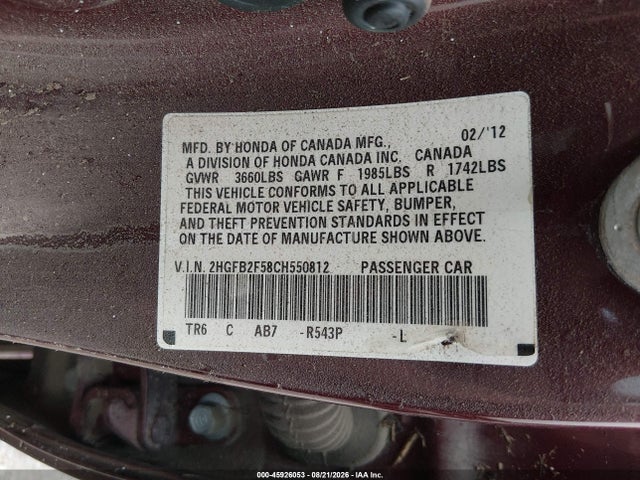 2012 Honda Civic Lx მანქანა იყიდება აუქციონზე, vin: 2HGFB2F58CH550812, აუქციონის ნომერი: 45926053