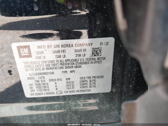 Продаж на аукціоні авто 2022 Chevrolet Trax Fwd Ls, vin: KL7CJKSM0NB521346, номер лоту: 45926075