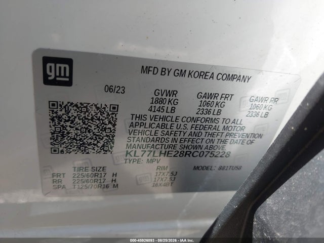 2024 Chevrolet Trax Fwd Lt მანქანა იყიდება აუქციონზე, vin: KL77LHE28RC075228, აუქციონის ნომერი: 45926093