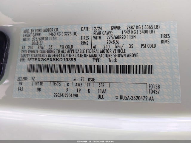 Продажа на аукционе авто 2025 Ford F-150 Stx, vin: 1FTEX2KPXSKD10395, номер лота: 45926115
