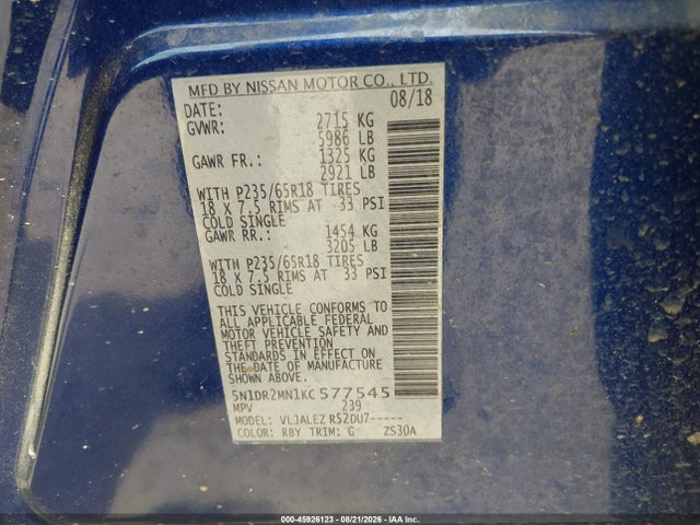 Nissan Pathfinder Sv 2019 5N1DR2MN1KC577545 Image 9