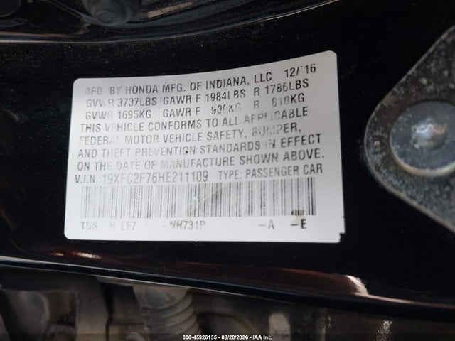45926135 :رقم المزاد ، 19XFC2F76HE211109 vin ، 2017 Honda Civic Ex مزاد بيع