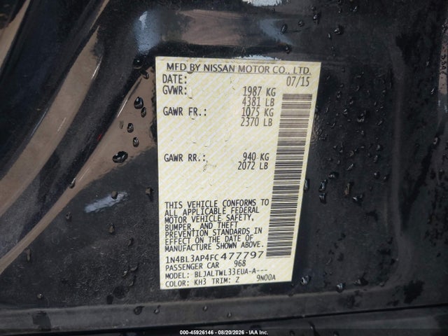 Продаж на аукціоні авто 2015 Nissan Altima 3.5 S/3.5 Sl/3.5 Sv, vin: 1N4BL3AP4FC477797, номер лоту: 45926146