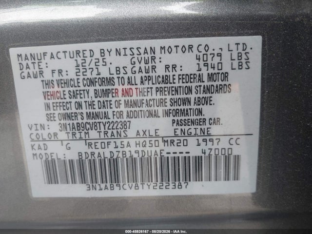 2026 Nissan Sentra Sv მანქანა იყიდება აუქციონზე, vin: 3N1AB9CV8TY222387, აუქციონის ნომერი: 45926167