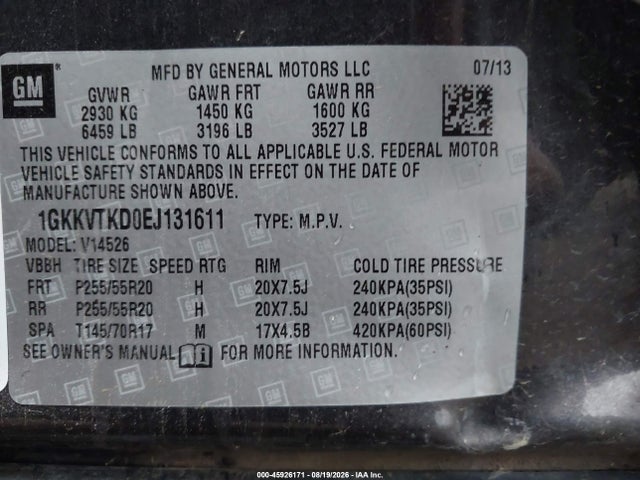 45926171 :رقم المزاد ، 1GKKVTKD0EJ131611 vin ، 2014 Gmc Acadia Denali مزاد بيع