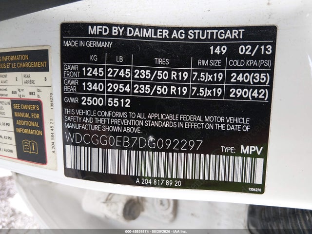 Продажа на аукционе авто 2013 Mercedes-benz Glk 250 Bluetec 4matic, vin: WDCGG0EB7DG092297, номер лота: 45926174